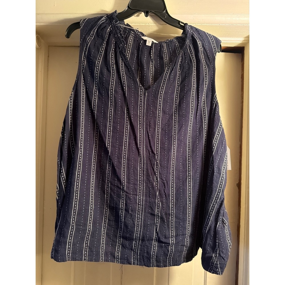 Time and Tru Womens XXXL 22 Ruffle Collar Tank Top Navy Blue White Striped New